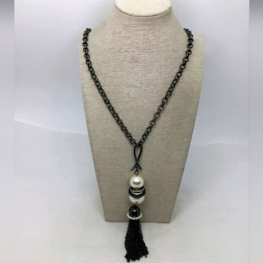 Chico's Faux Pearl Tassel Long Chain Necklace 20" NWOT